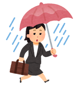 雨の日に外回りをする女性会社員のイラスト