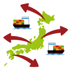 日本各地から海外へ輸出しているイメージのイラスト